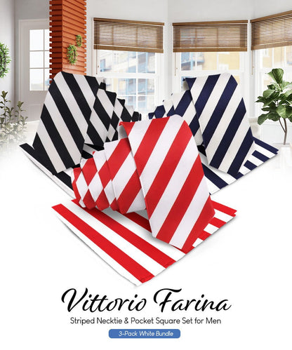 Striped Necktie & Pocket Square (Multipacks) by Vittorio Farina - White and Black/White and Navy Blue/White and Red - Wholesale Necktie & Pocket Square by Dubal Brothers