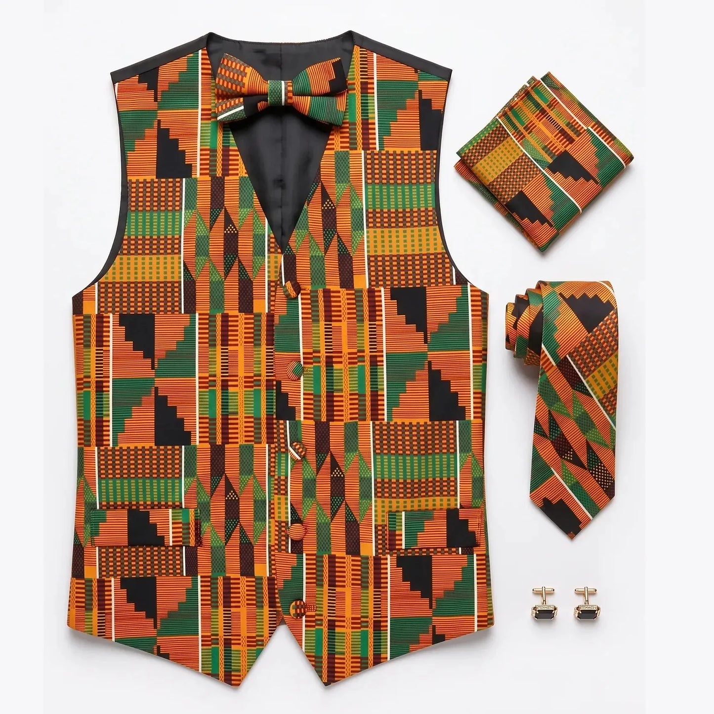 The Kente King Bundle | Vest & Bow Tie + Necktie Set + Cufflinks - 3.5-in - S