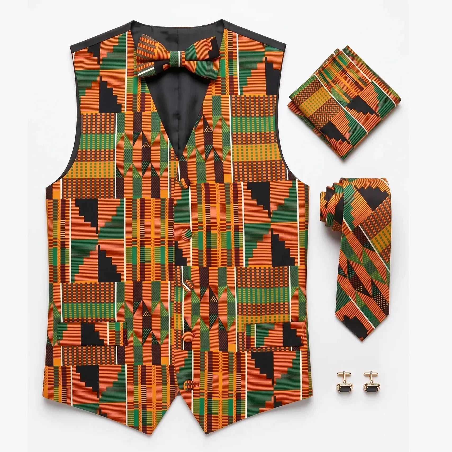The Kente King Bundle | Vest & Bow Tie + Necktie Set + Cufflinks - 3.5-in - S
