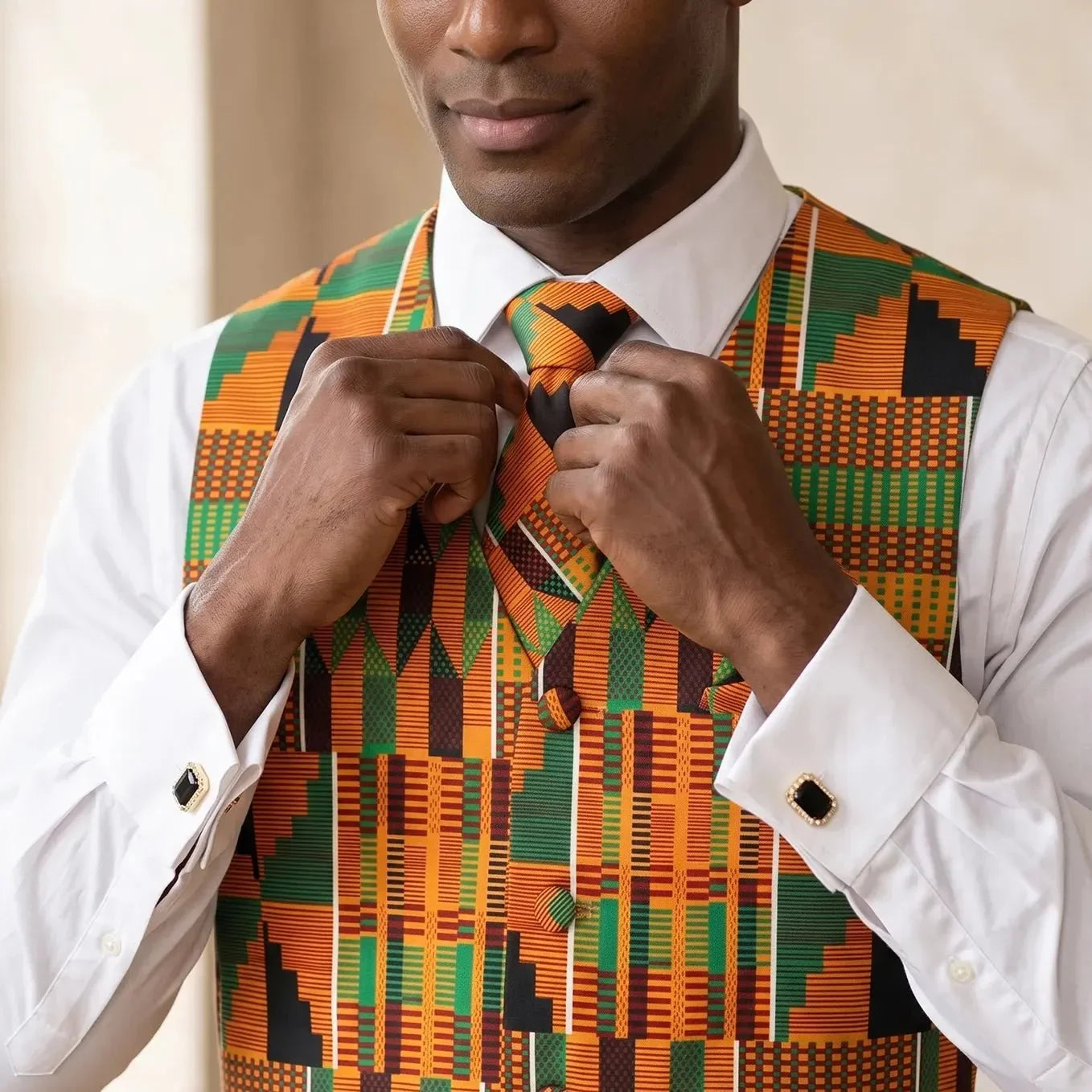 The Kente King Bundle | Vest & Bow Tie + Necktie Set + Cufflinks - 3.5-in - S