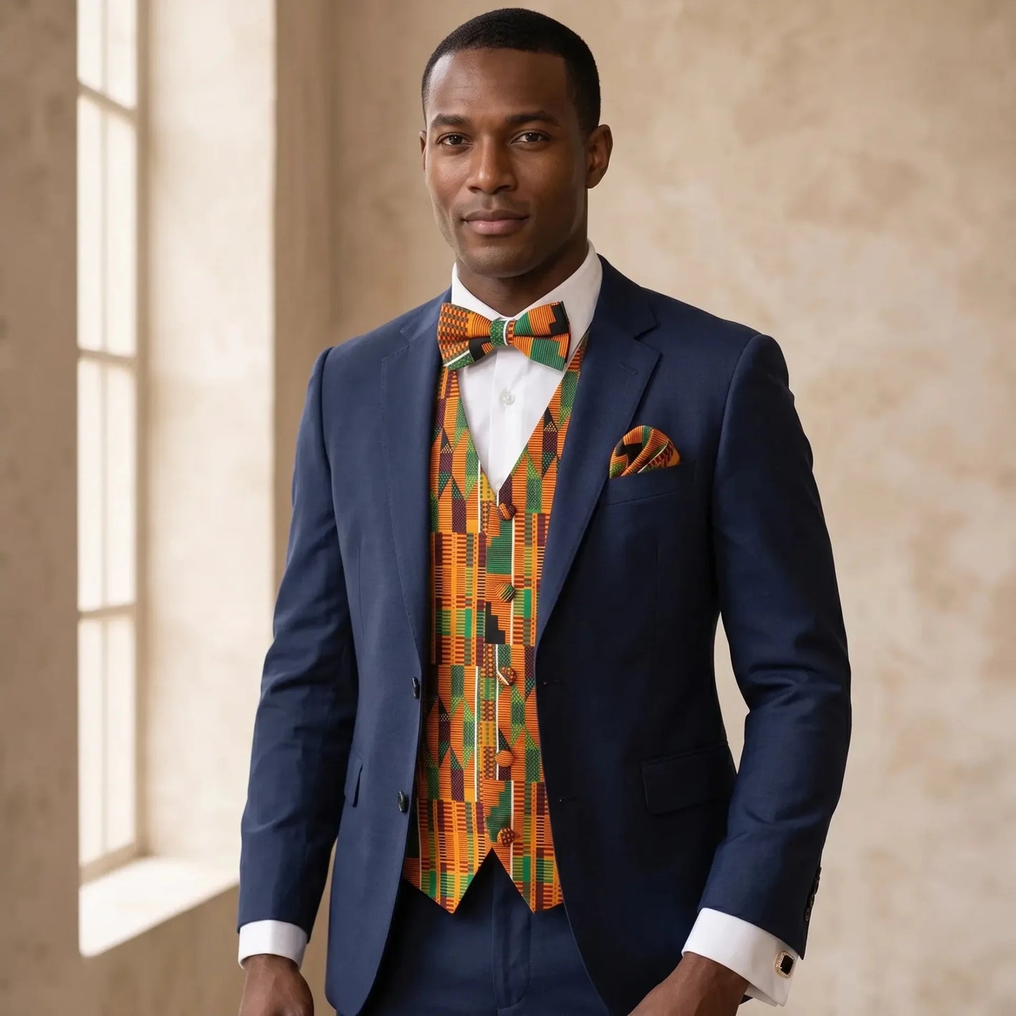 The Kente King Bundle | Vest & Bow Tie + Necktie Set + Cufflinks - 3.5-in - S