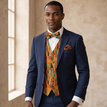 The Kente King Bundle | Vest & Bow Tie + Necktie Set + Cufflinks - 3.5-in - S