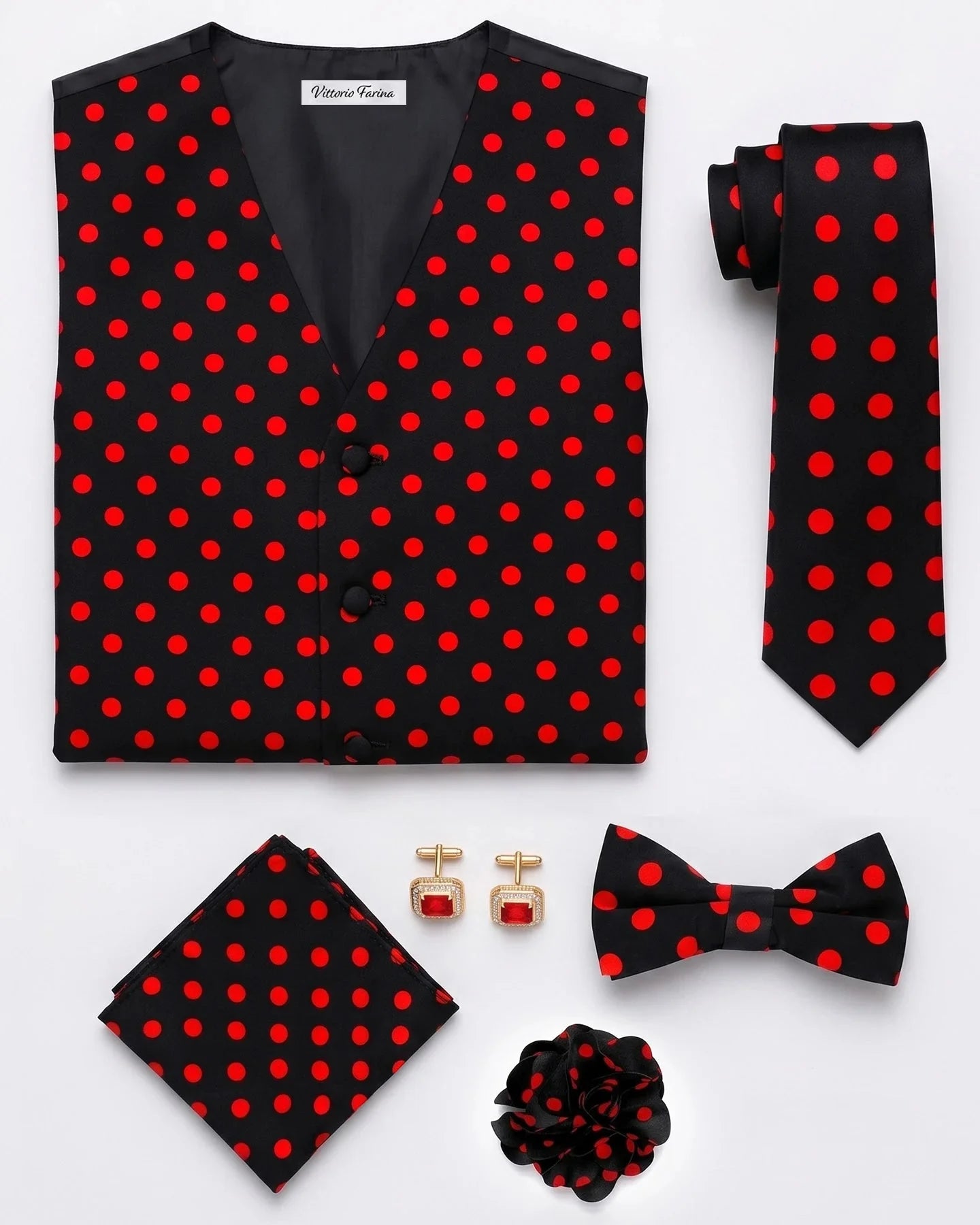 The Polka Dot Gentleman Bundle | Vest Set + Cufflinks + Lapel Pin - M - Black and Red