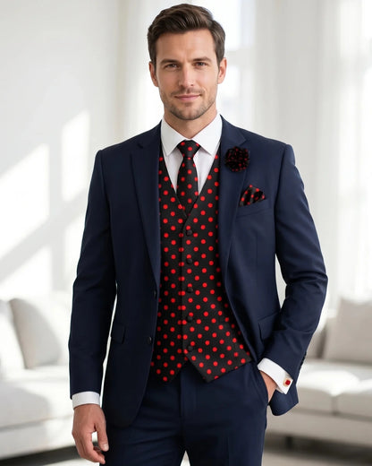 The Polka Dot Gentleman Bundle | Vest Set + Cufflinks + Lapel Pin - M - Black and Red