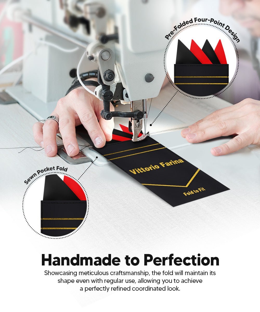 Two - Tone Four Point Pre - Folded Pocket Square by Vittorio Farina (PS - PREFOLD_BLACK - RED) for Independent Retail Stores by Dubal Brothers