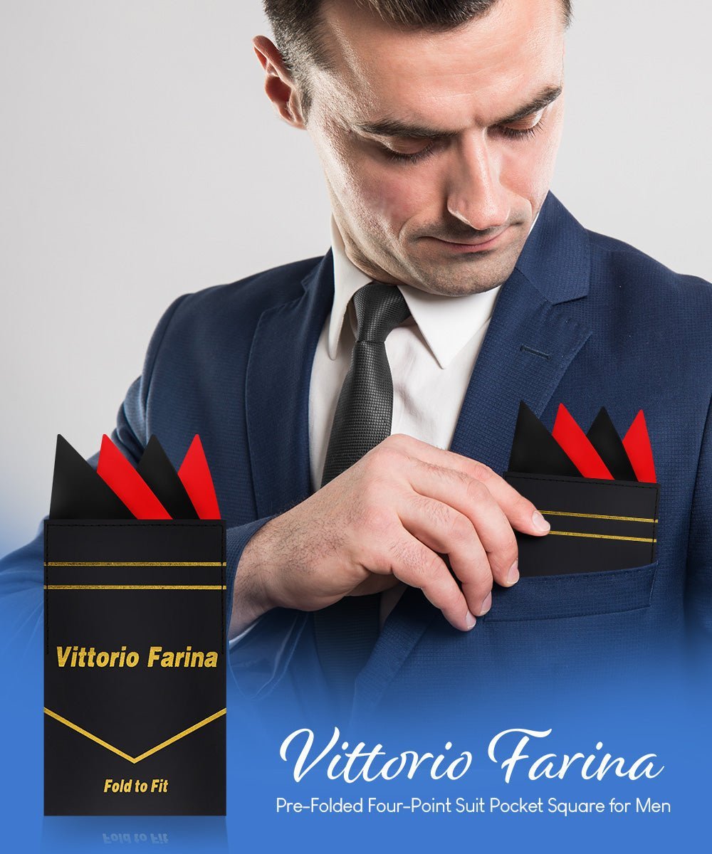 Two - Tone Four Point Pre - Folded Pocket Square by Vittorio Farina (PS - PREFOLD_BLACK - RED) for Independent Retail Stores by Dubal Brothers