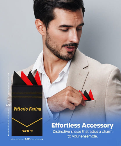Two - Tone Four Point Pre - Folded Pocket Square by Vittorio Farina (PS - PREFOLD_BLACK - RED) for Independent Retail Stores by Dubal Brothers