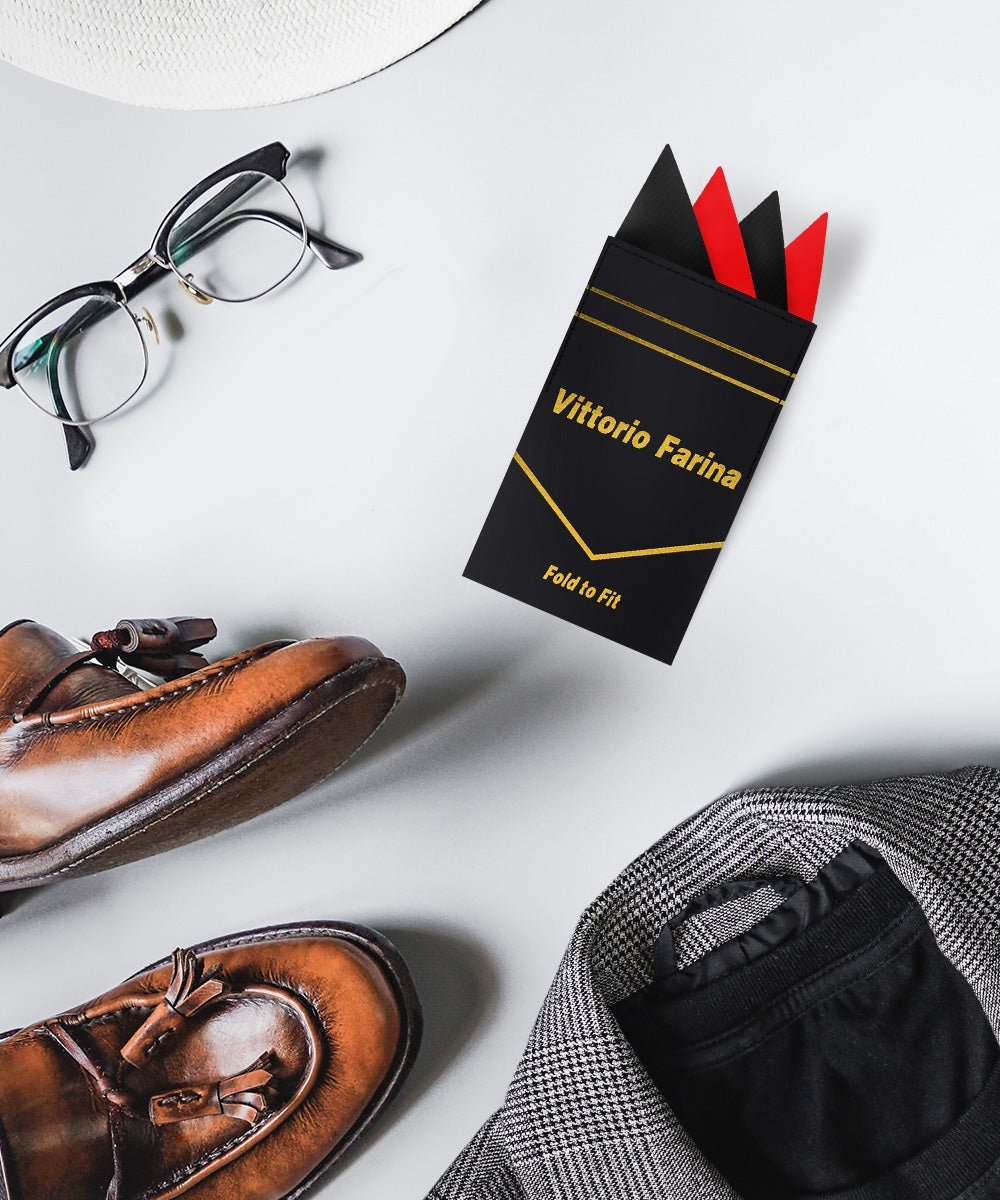 Two - Tone Four Point Pre - Folded Pocket Square by Vittorio Farina (PS - PREFOLD_BLACK - RED) for Independent Retail Stores by Dubal Brothers