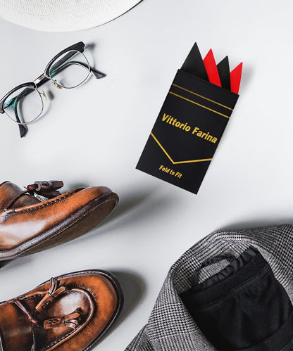 Two - Tone Four Point Pre - Folded Pocket Square by Vittorio Farina (PS - PREFOLD_BLACK - RED) for Independent Retail Stores by Dubal Brothers