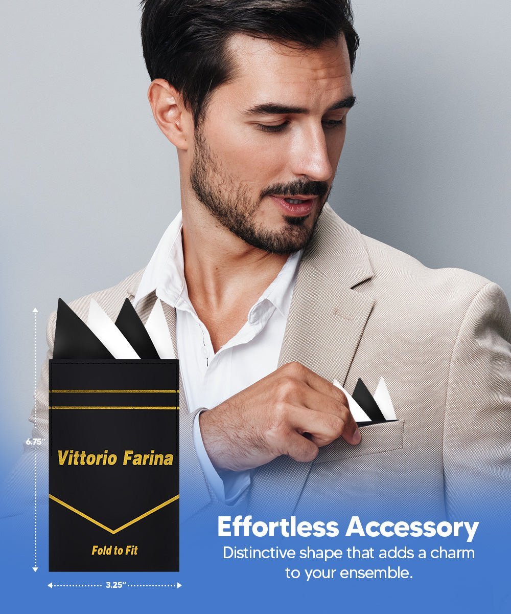 Two - Tone Four Point Pre - Folded Pocket Square by Vittorio Farina (PS - PREFOLD_BLACK - WHITE) for Independent Retail Stores by Dubal Brothers