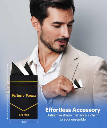Two - Tone Four Point Pre - Folded Pocket Square by Vittorio Farina (PS - PREFOLD_BLACK - WHITE) for Independent Retail Stores by Dubal Brothers
