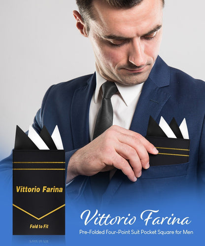 Two - Tone Four Point Pre - Folded Pocket Square by Vittorio Farina (PS - PREFOLD_BLACK - WHITE) for Independent Retail Stores by Dubal Brothers
