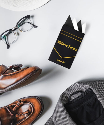 Two - Tone Four Point Pre - Folded Pocket Square by Vittorio Farina (PS - PREFOLD_BLACK - WHITE) for Independent Retail Stores by Dubal Brothers