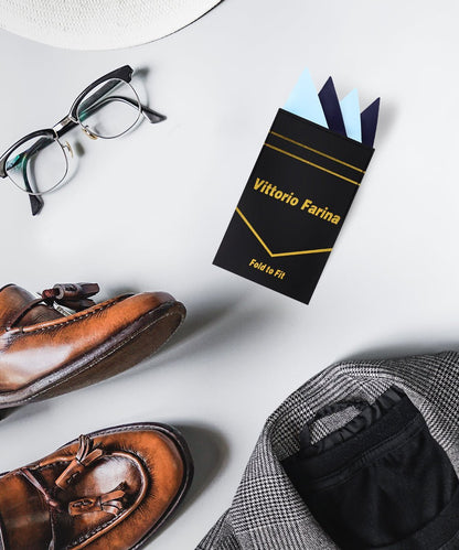 Two - Tone Four Point Pre - Folded Pocket Square by Vittorio Farina (PS - PREFOLD_SKY - NAVY) for Independent Retail Stores by Dubal Brothers