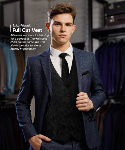 Vittorio Farina Men's Woven Paisley Vest, Necktie, Bow Tie and Pocket Square Set (Black Back) - vest_paisley_BB_black_XS - Classy Cufflinks