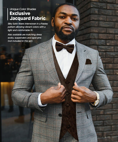 Vittorio Farina Men's Woven Paisley Vest, Necktie, Bow Tie and Pocket Square Set (Black Back) - vest_paisley_BB_brown_XS - Classy Cufflinks