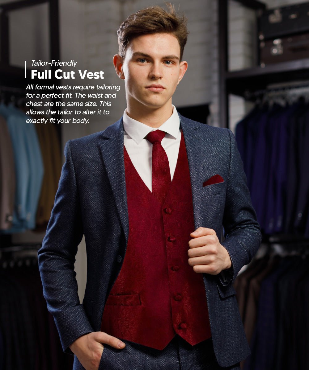 Vittorio Farina Men's Woven Paisley Vest, Necktie, Bow Tie and Pocket Square Set (Black Back) - vest_paisley_BB_burgundy_XS - Classy Cufflinks