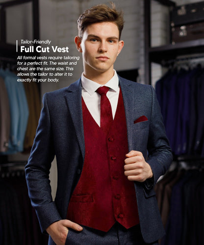 Vittorio Farina Men's Woven Paisley Vest, Necktie, Bow Tie and Pocket Square Set (Black Back) - vest_paisley_BB_burgundy_XS - Classy Cufflinks