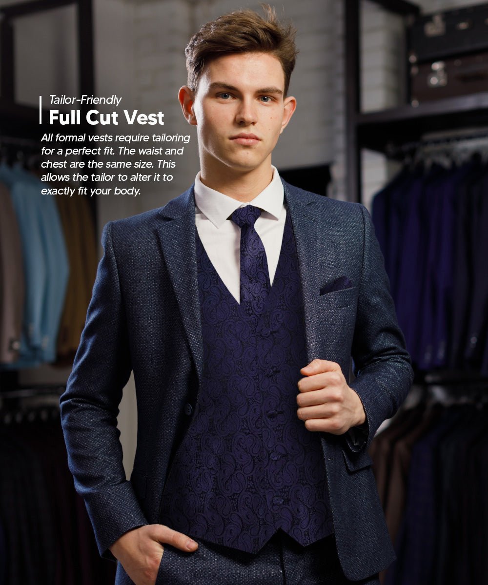 Vittorio Farina Men's Woven Paisley Vest, Necktie, Bow Tie and Pocket Square Set (Black Back) - vest_paisley_BB_navy_XS - Classy Cufflinks