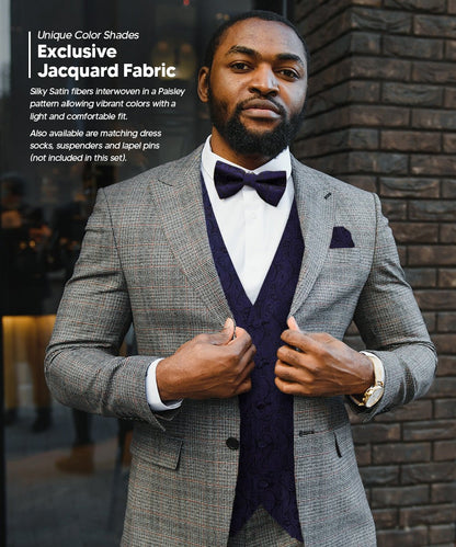 Vittorio Farina Men's Woven Paisley Vest, Necktie, Bow Tie and Pocket Square Set (Black Back) - vest_paisley_BB_navy_XS - Classy Cufflinks
