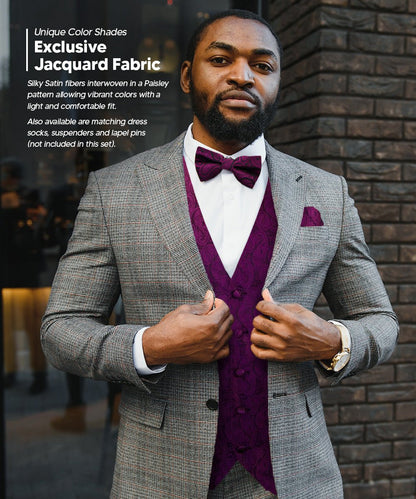 Vittorio Farina Men's Woven Paisley Vest, Necktie, Bow Tie and Pocket Square Set (Black Back) - vest_paisley_BB_plum_XS - Classy Cufflinks