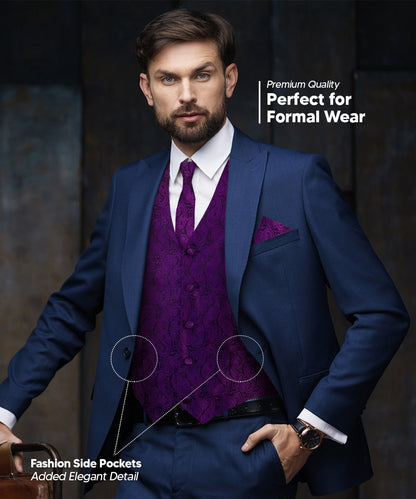 Vittorio Farina Men's Woven Paisley Vest, Necktie, Bow Tie and Pocket Square Set (Black Back) - vest_paisley_BB_purple_XS - Classy Cufflinks