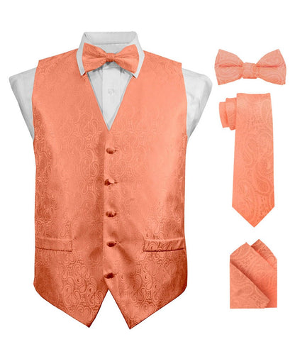 Vittorio Farina Men's Woven Paisley Vest, Necktie, Bow Tie and Pocket Square Set (Black Back) - vest_paisley_BB_rosegold_XS - Classy Cufflinks