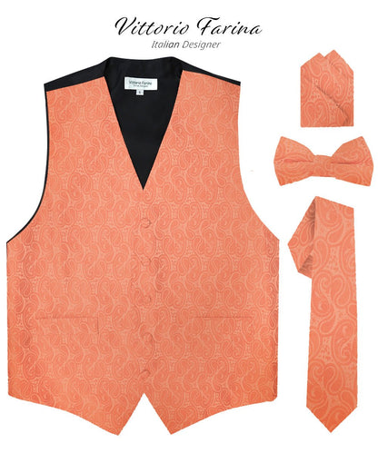 Vittorio Farina Men's Woven Paisley Vest, Necktie, Bow Tie and Pocket Square Set (Black Back) - vest_paisley_BB_rosegold_XS - Classy Cufflinks