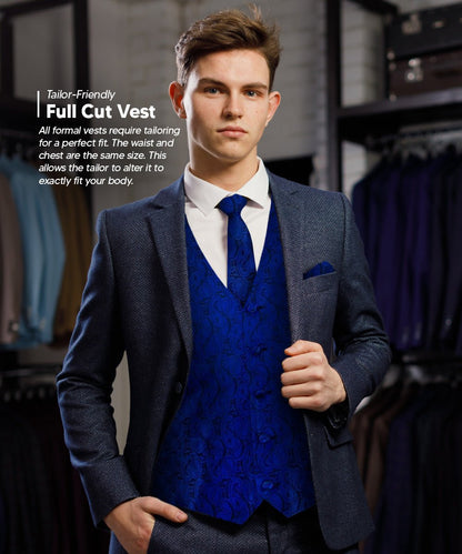 Vittorio Farina Men's Woven Paisley Vest, Necktie, Bow Tie and Pocket Square Set (Black Back) - vest_paisley_BB_royal_XS - Classy Cufflinks