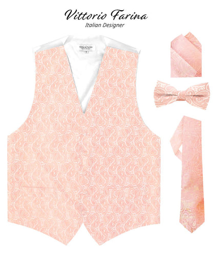 Vittorio Farina Men's Mint Woven Paisley Vest, Necktie, Bow Tie and Pocket Square Set (White Back) - vest_paisley_WB_blush_XS - Classy Cufflinks