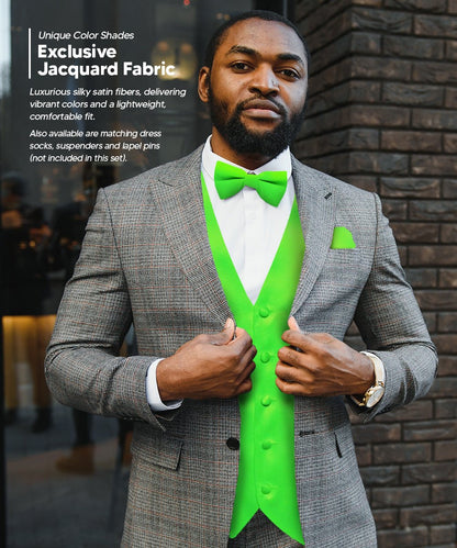 Vittorio Farina Men's Satin Vest, Necktie, Bow Tie and Pocket Square Set (Black Back) - vest_plain_BB_lime_XS - Classy Cufflinks