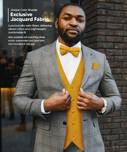 Vittorio Farina Men's Satin Vest, Necktie, Bow Tie and Pocket Square Set (Black Back) - vest_plain_BB_mustard_XS - Classy Cufflinks