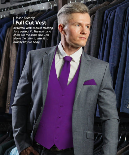 Vittorio Farina Men's Satin Vest, Necktie, Bow Tie and Pocket Square Set (Black Back) - vest_plain_BB_purple_XS - Classy Cufflinks