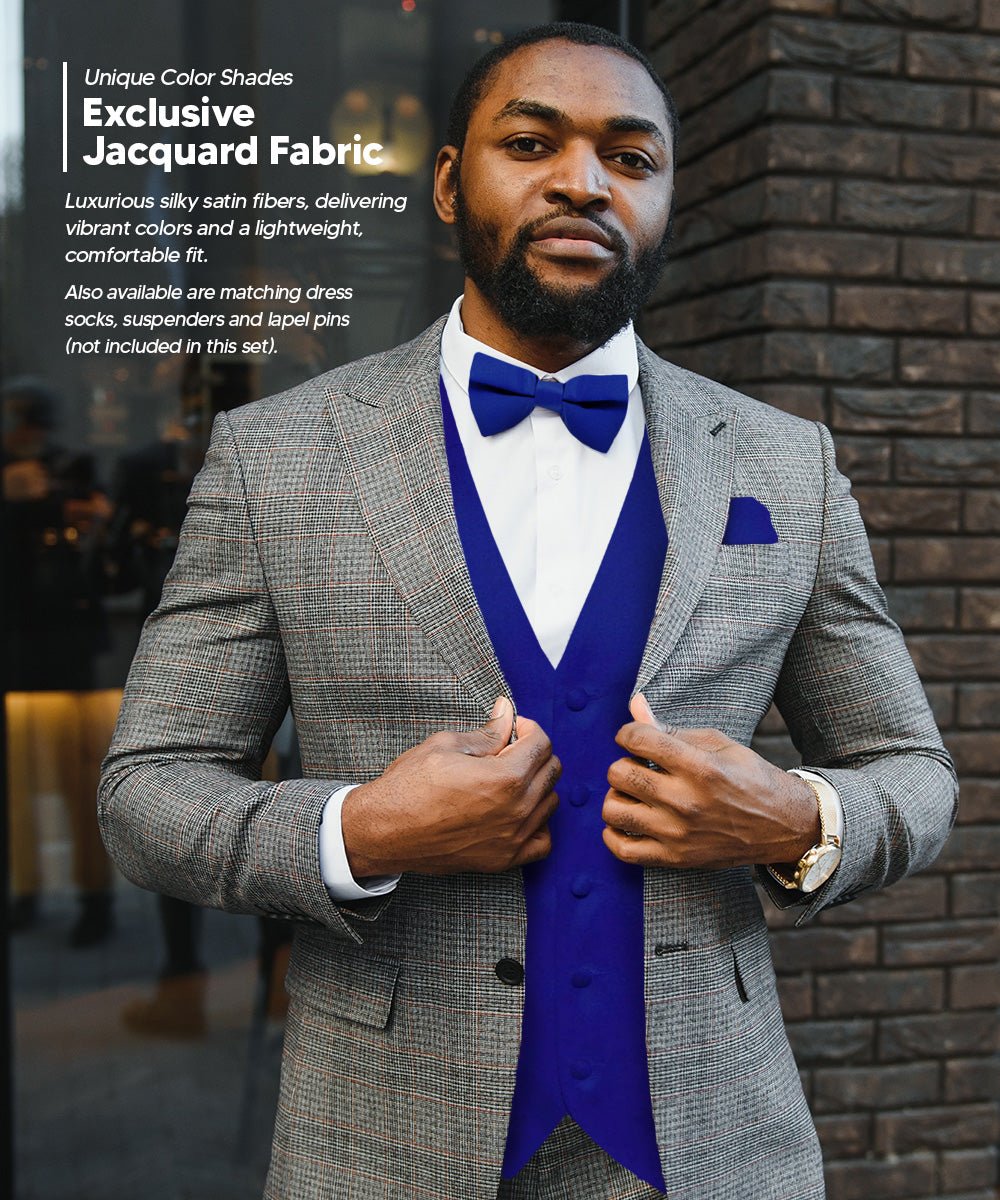 Vittorio Farina Men's Satin Vest, Necktie, Bow Tie and Pocket Square Set (Black Back) - vest_plain_BB_royal_XS - Classy Cufflinks