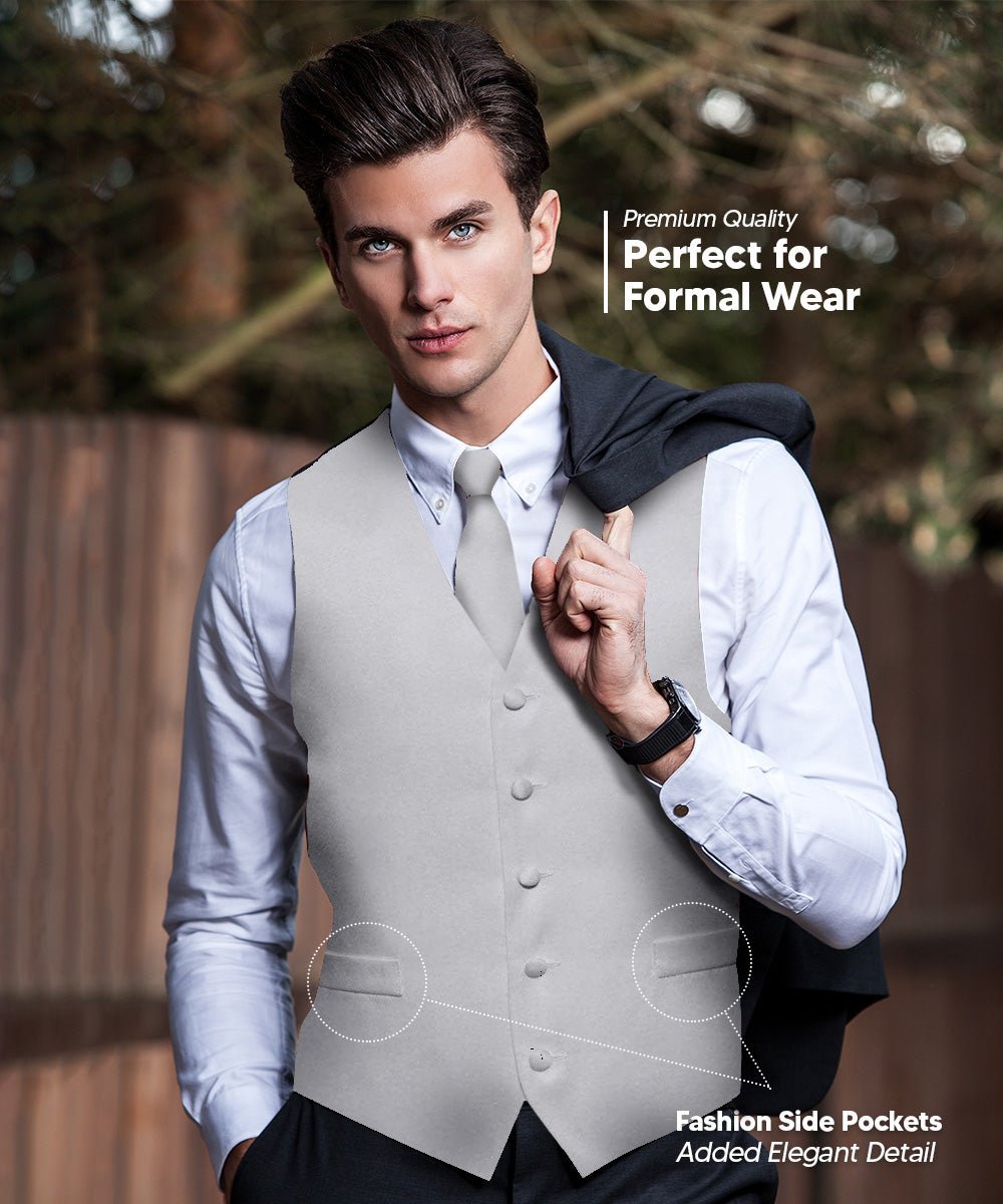Vittorio Farina Men's Satin Vest, Necktie, Bow Tie and Pocket Square Set (Black Back) - vest_plain_BB_silver_XS - Classy Cufflinks