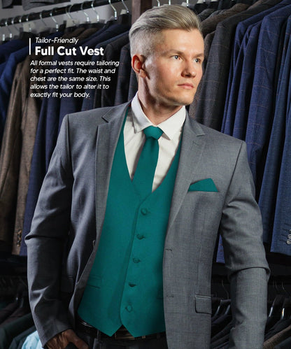 Vittorio Farina Men's Satin Vest, Necktie, Bow Tie and Pocket Square Set (Black Back) - vest_plain_BB_tealgreen_XS - Classy Cufflinks