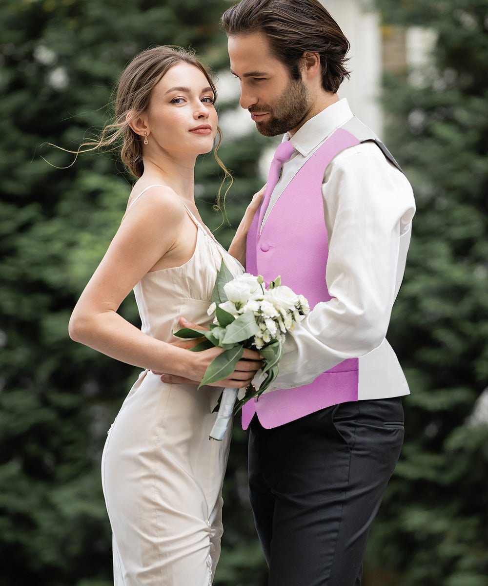 Vittorio Farina Men's Satin Vest, Necktie, Bow Tie and Pocket Square Set (White Back) - vest_plain_WB_lavender_XS - Classy Cufflinks