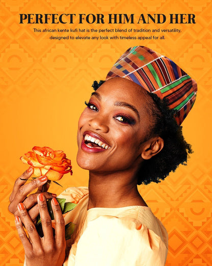 Vittorio Farina Kente Kufi Hat for Men and Women – African Kufi Hat Ideal for Cultural Attire, Outfit & Costume (HAT_Kufi_Kente 1) for Independent Retail Stores by Dubal Brothers