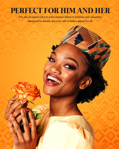 Vittorio Farina Kente Kufi Hat for Men and Women – African Kufi Hat Ideal for Cultural Attire, Outfit & Costume (HAT_Kufi_Kente 3) for Independent Retail Stores by Dubal Brothers