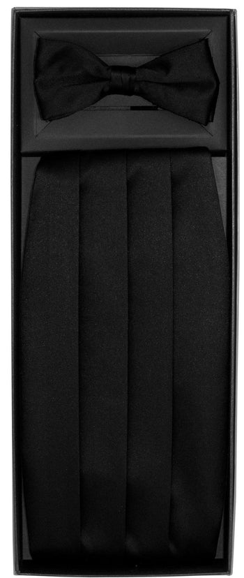 Vittorio Farina Men's Satin Cummerbund, Bow Tie and Pocket Square Set in Gift Box - Black - Wholesale Cummerbund & Bowtie Set by Dubal Brothers