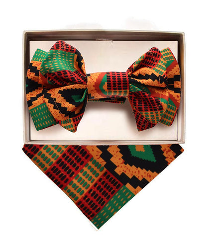XL Kente Design Bow Tie & Pocket Square in a Box by Vittorio Farina (BH - K - XL_Kente 2) for Independent Retail Stores by Dubal Brothers