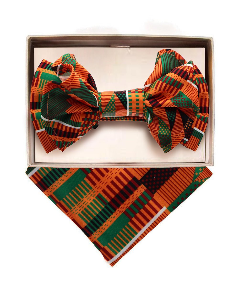 XL Kente Design Bow Tie & Pocket Square in a Box by Vittorio Farina (BH - K - XL_Kente 3) for Independent Retail Stores by Dubal Brothers