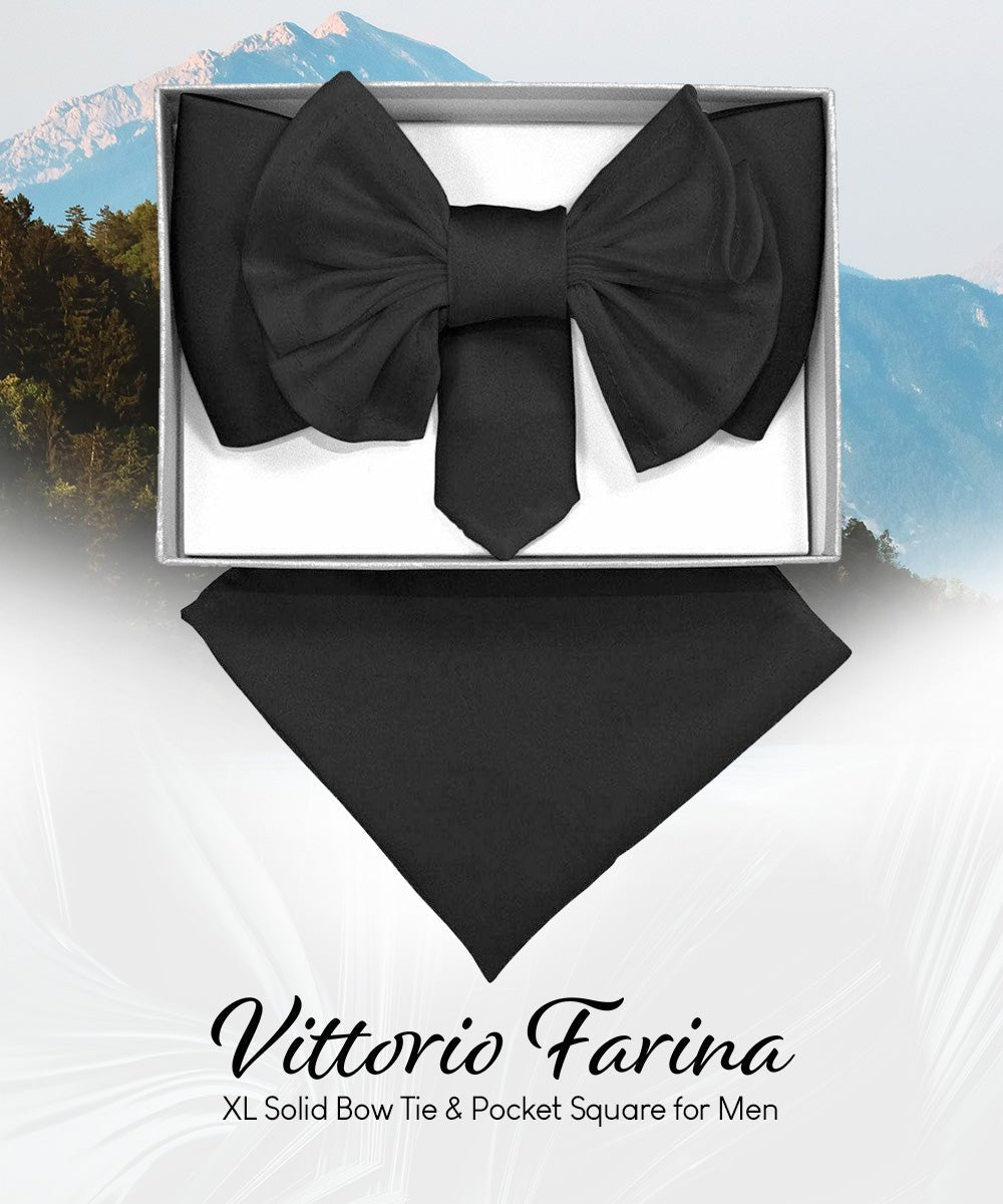 XL Solid Bow Tie & Pocket Square by Vittorio Farina (xl - solid - black) for Independent Retail Stores by Dubal Brothers