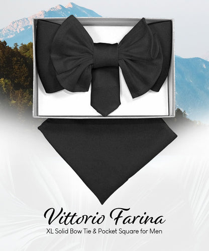 XL Solid Bow Tie & Pocket Square by Vittorio Farina (xl - solid - black) for Independent Retail Stores by Dubal Brothers