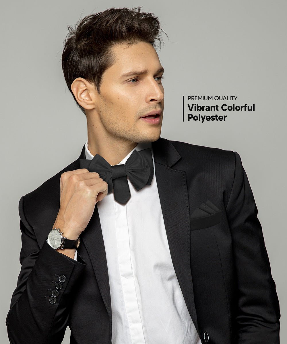 XL Solid Bow Tie & Pocket Square by Vittorio Farina (xl - solid - black) for Independent Retail Stores by Dubal Brothers