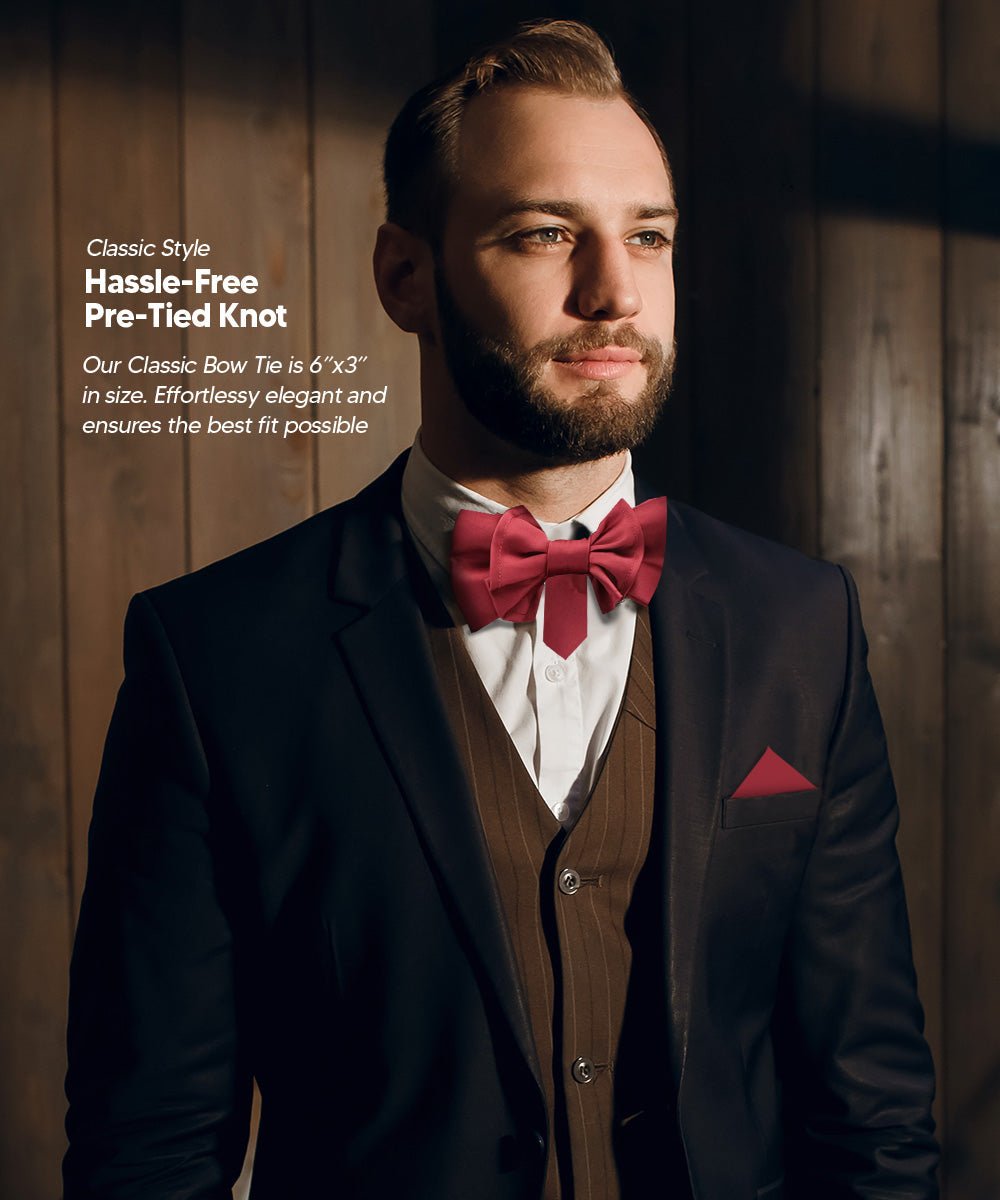 XL Solid Bow Tie & Pocket Square by Vittorio Farina (xl - solid - burgundy) for Independent Retail Stores by Dubal Brothers