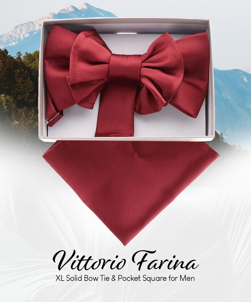 XL Solid Bow Tie & Pocket Square by Vittorio Farina (xl - solid - burgundy) for Independent Retail Stores by Dubal Brothers