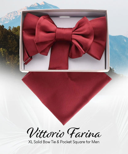 XL Solid Bow Tie & Pocket Square by Vittorio Farina (xl - solid - burgundy) for Independent Retail Stores by Dubal Brothers