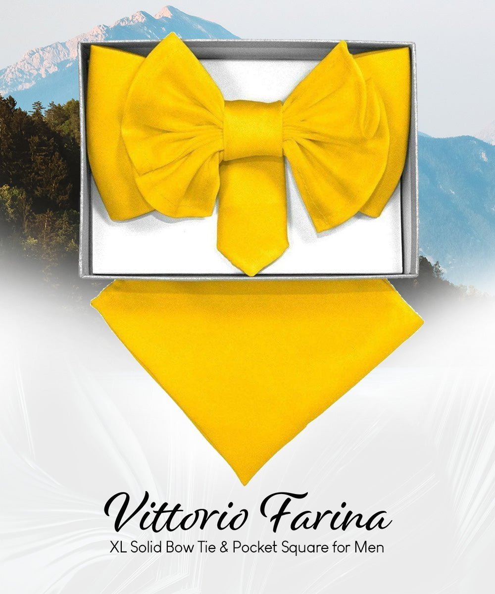 XL Solid Bow Tie & Pocket Square by Vittorio Farina (xl - solid - mustard) for Independent Retail Stores by Dubal Brothers