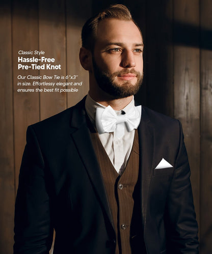 XL Solid Bow Tie & Pocket Square by Vittorio Farina (xl - solid - white) for Independent Retail Stores by Dubal Brothers